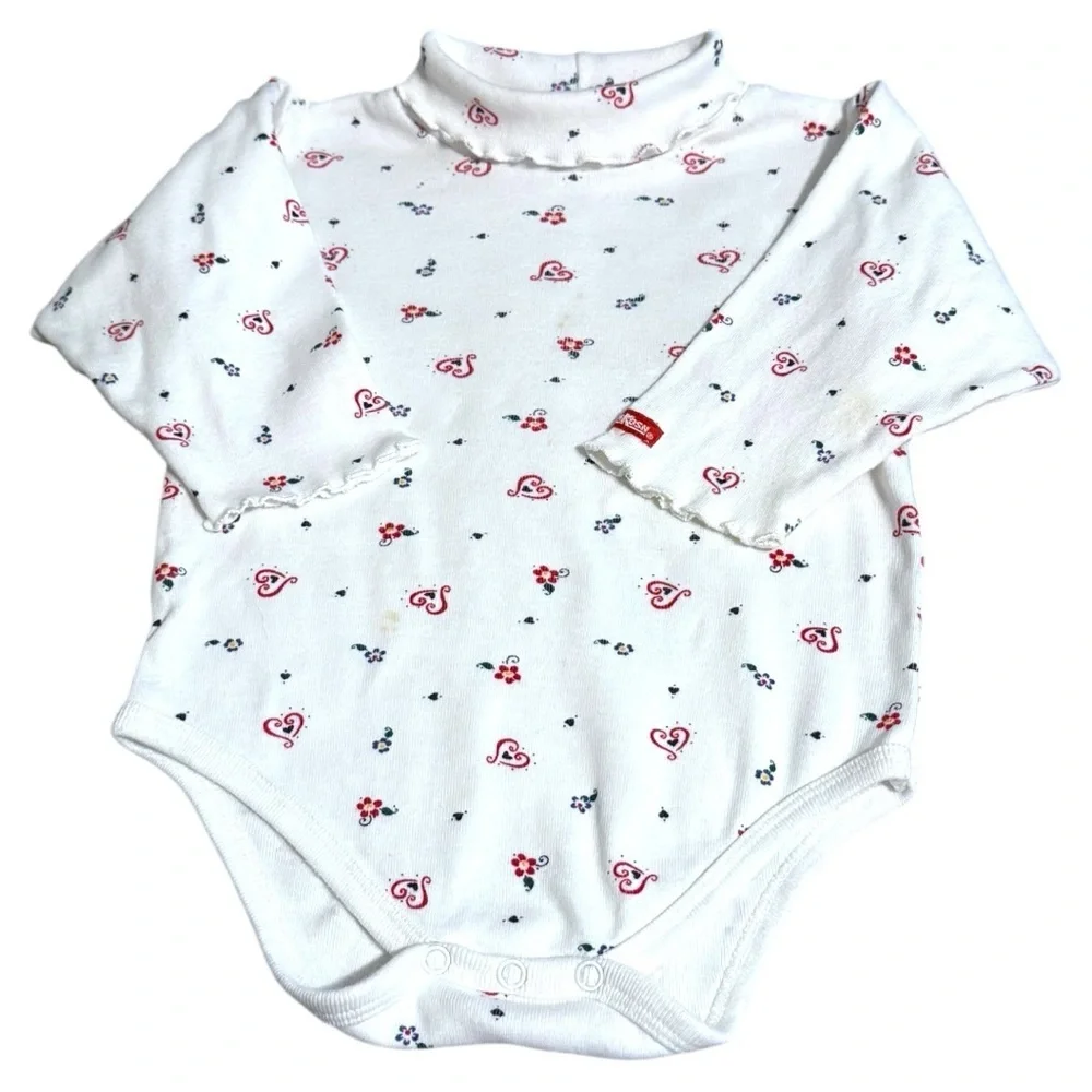 Vintage OshKosh B’gosh Baby Bodysuit 18M White Floral Hearts Turtleneck
